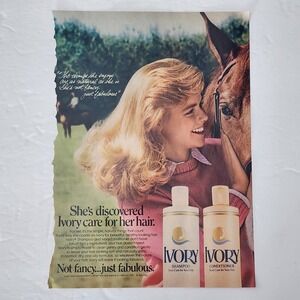 Vintage Print Ad Ivory shampoo conditioner blonde model horse clipping 1985